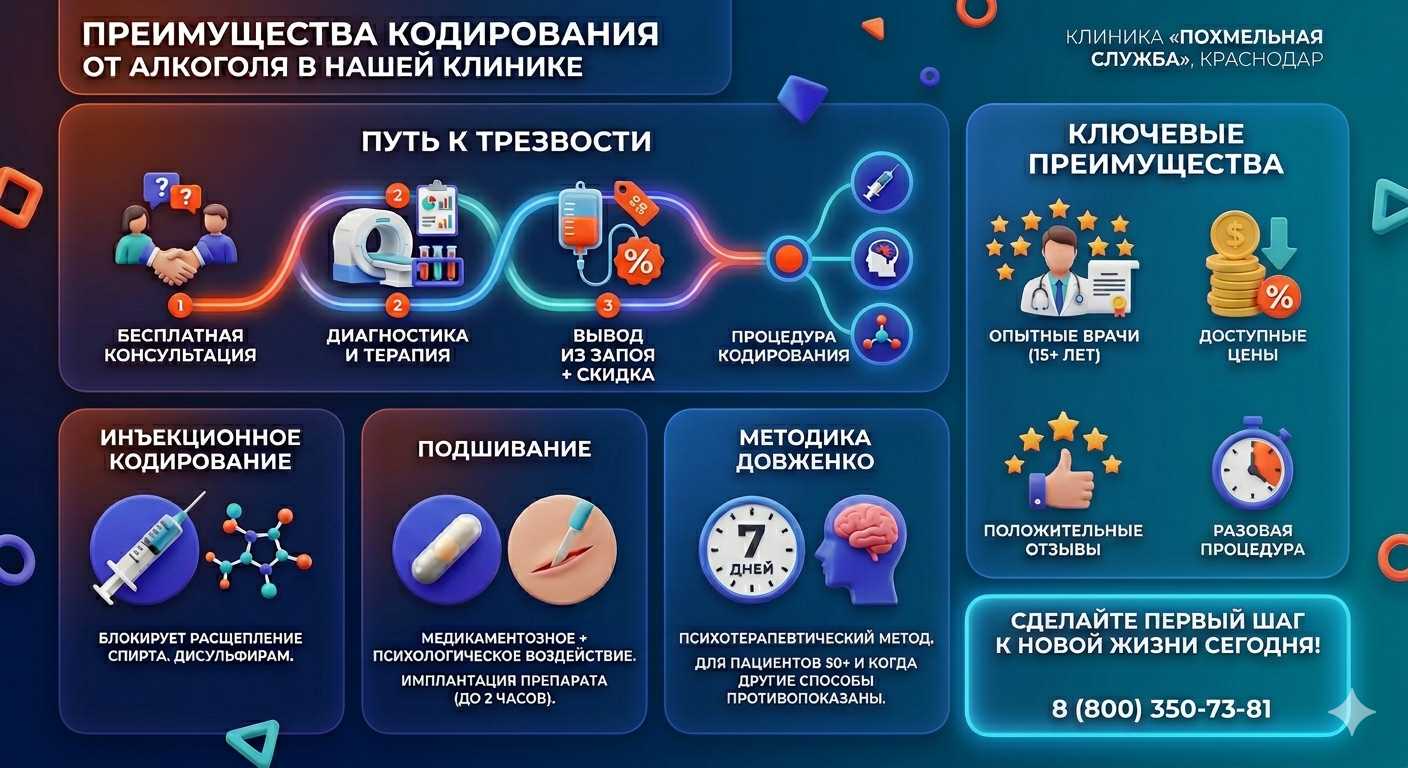 Инфографика о методах кодирования от алкоголя в Дубовском: инъекции, подшивание, метод Довженко. Преимущества клиники и этапы лечения.