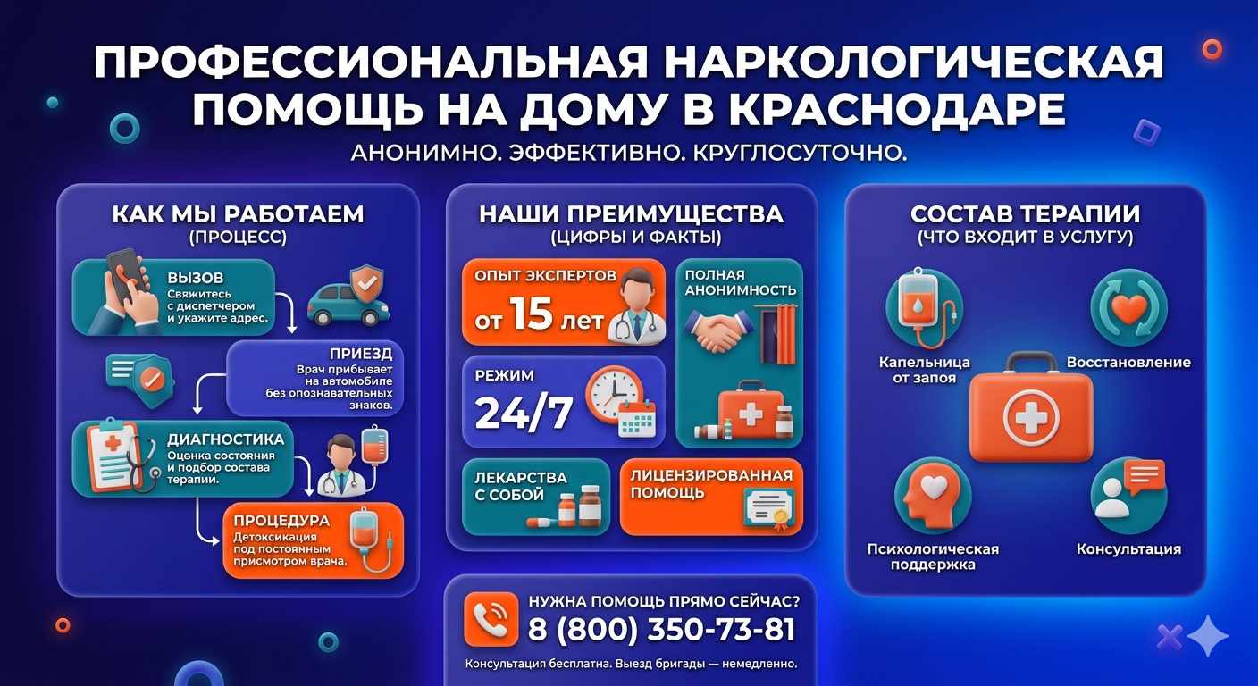 Инфографика о принципах лечения алкоголизма на дому в Дубовском: этапы вызова нарколога, преимущества анонимной детоксикации и состав медицинской помощи.